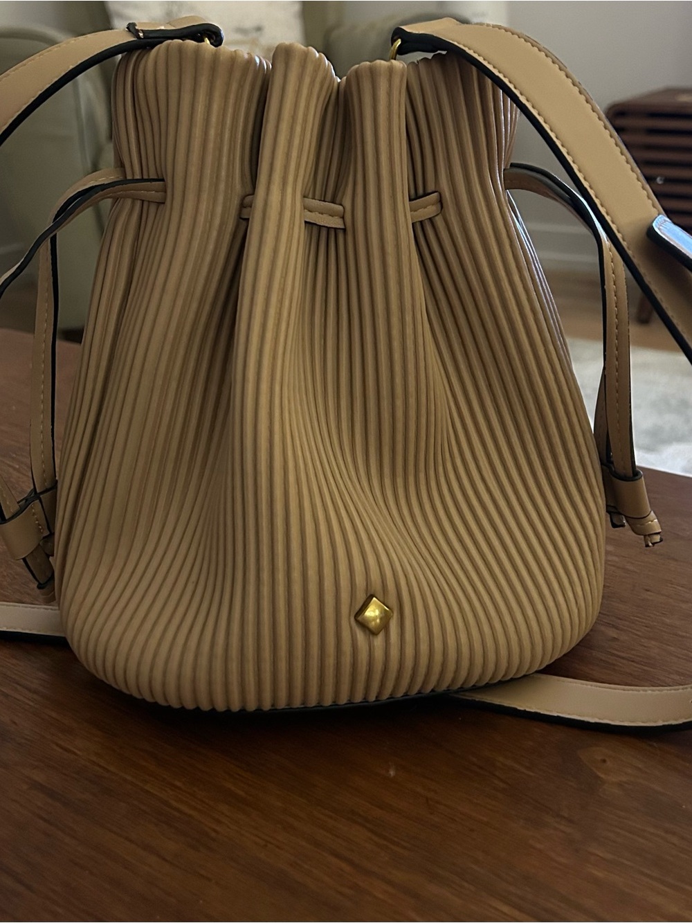 MOTF Tan Pleated Bucket Shoulder Bag with Gold Accent